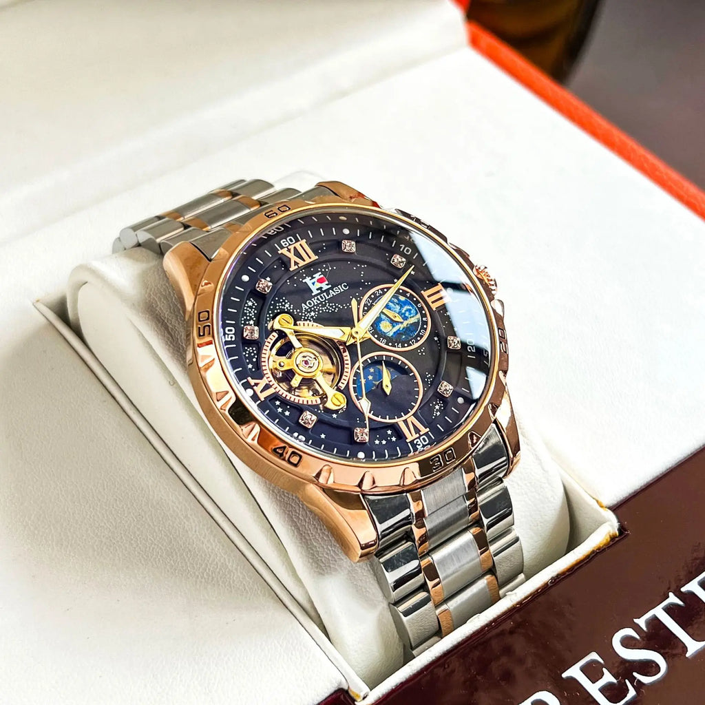 Tourbillon Skeleton Mechanical Watches Starry Sky Moon Phase Dial Steel Leather Strap Luxury Brand Automatic Men Watch