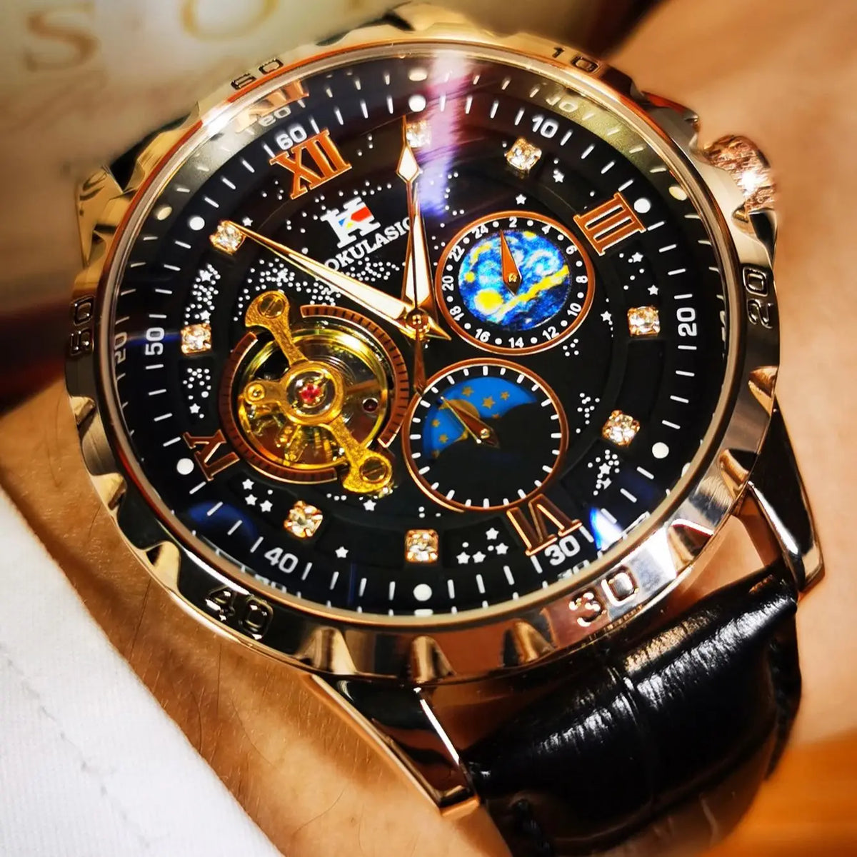 Tourbillon Skeleton Mechanical Watches Starry Sky Moon Phase Dial Steel Leather Strap Luxury Brand Automatic Men Watch