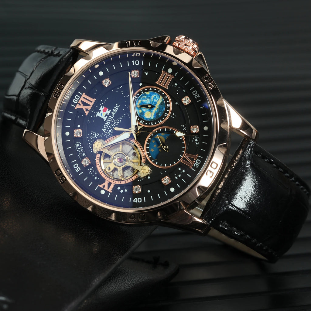 Tourbillon Skeleton Mechanical Watches Starry Sky Moon Phase Dial Steel Leather Strap Luxury Brand Automatic Men Watch
