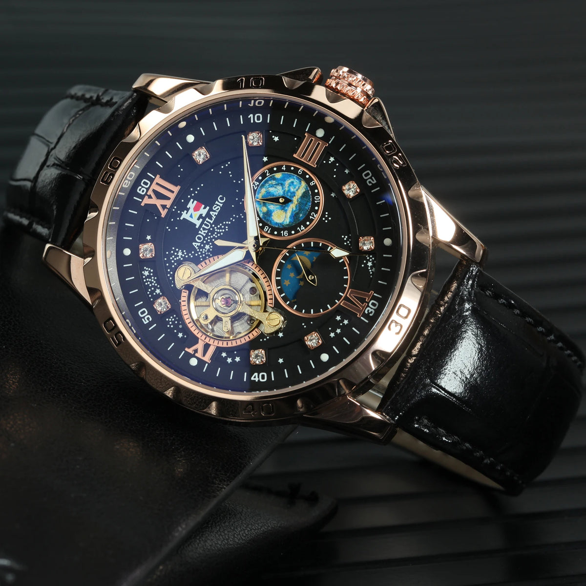 Tourbillon Skeleton Mechanical Watches Starry Sky Moon Phase Dial Steel Leather Strap Luxury Brand Automatic Men Watch