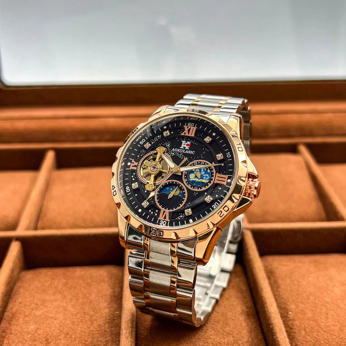 Tourbillon Skeleton Mechanical Watches Starry Sky Moon Phase Dial Steel Leather Strap Luxury Brand Automatic Men Watch