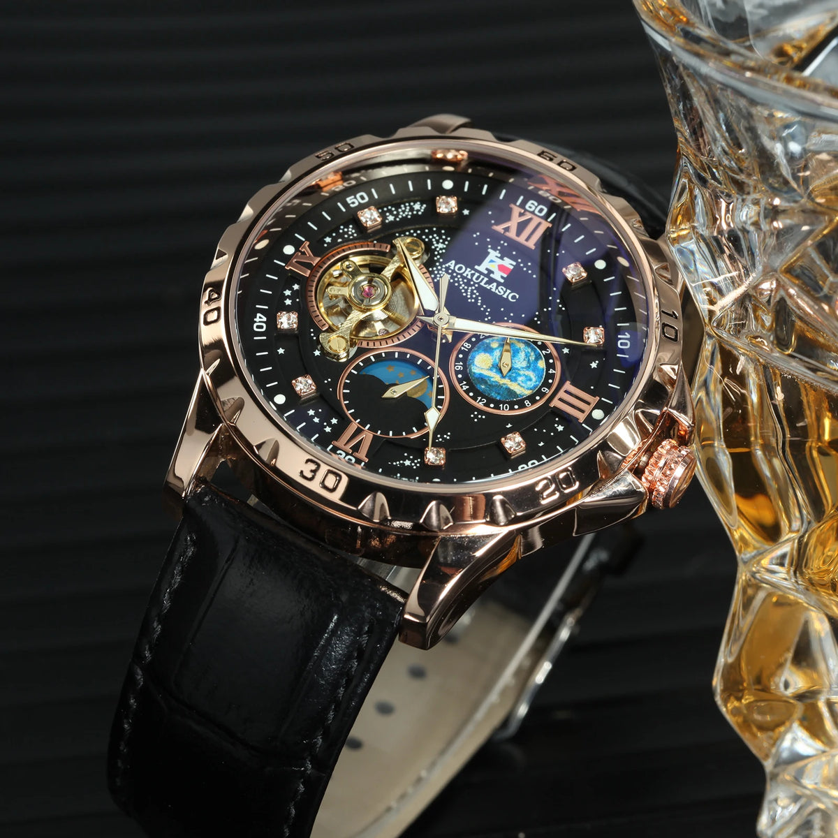 Tourbillon Skeleton Mechanical Watches Starry Sky Moon Phase Dial Steel Leather Strap Luxury Brand Automatic Men Watch