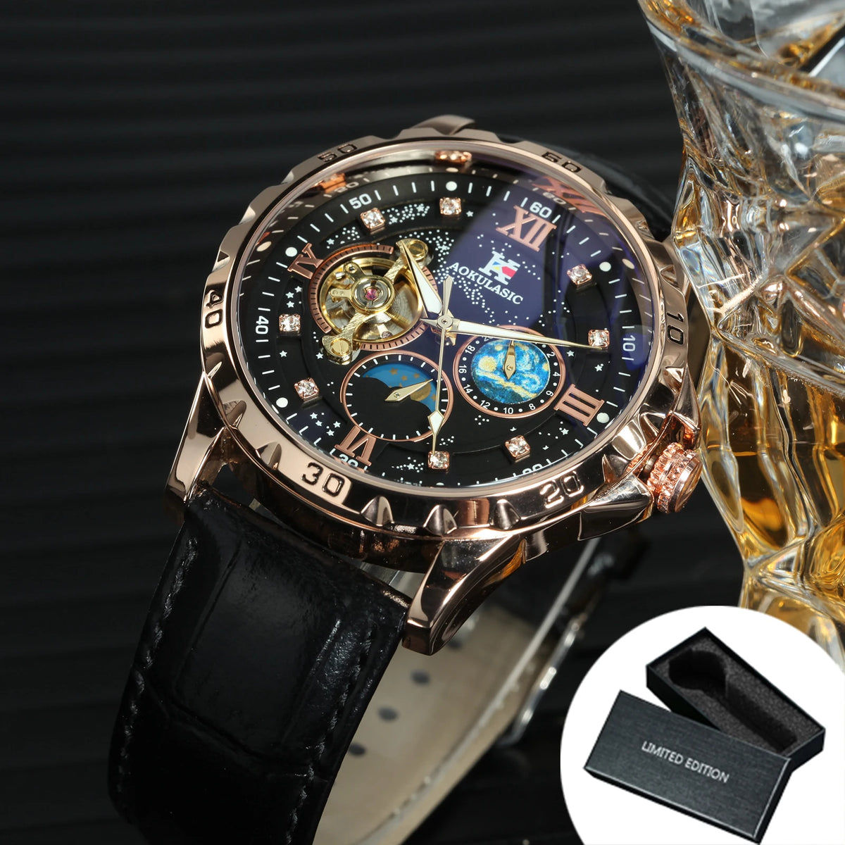 Tourbillon Skeleton Mechanical Watches Starry Sky Moon Phase Dial Steel Leather Strap Luxury Brand Automatic Men Watch