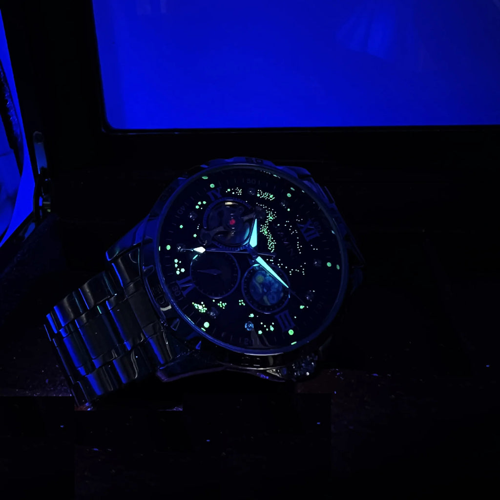 Tourbillon Skeleton Mechanical Watches Starry Sky Moon Phase Dial Steel Leather Strap Luxury Brand Automatic Men Watch