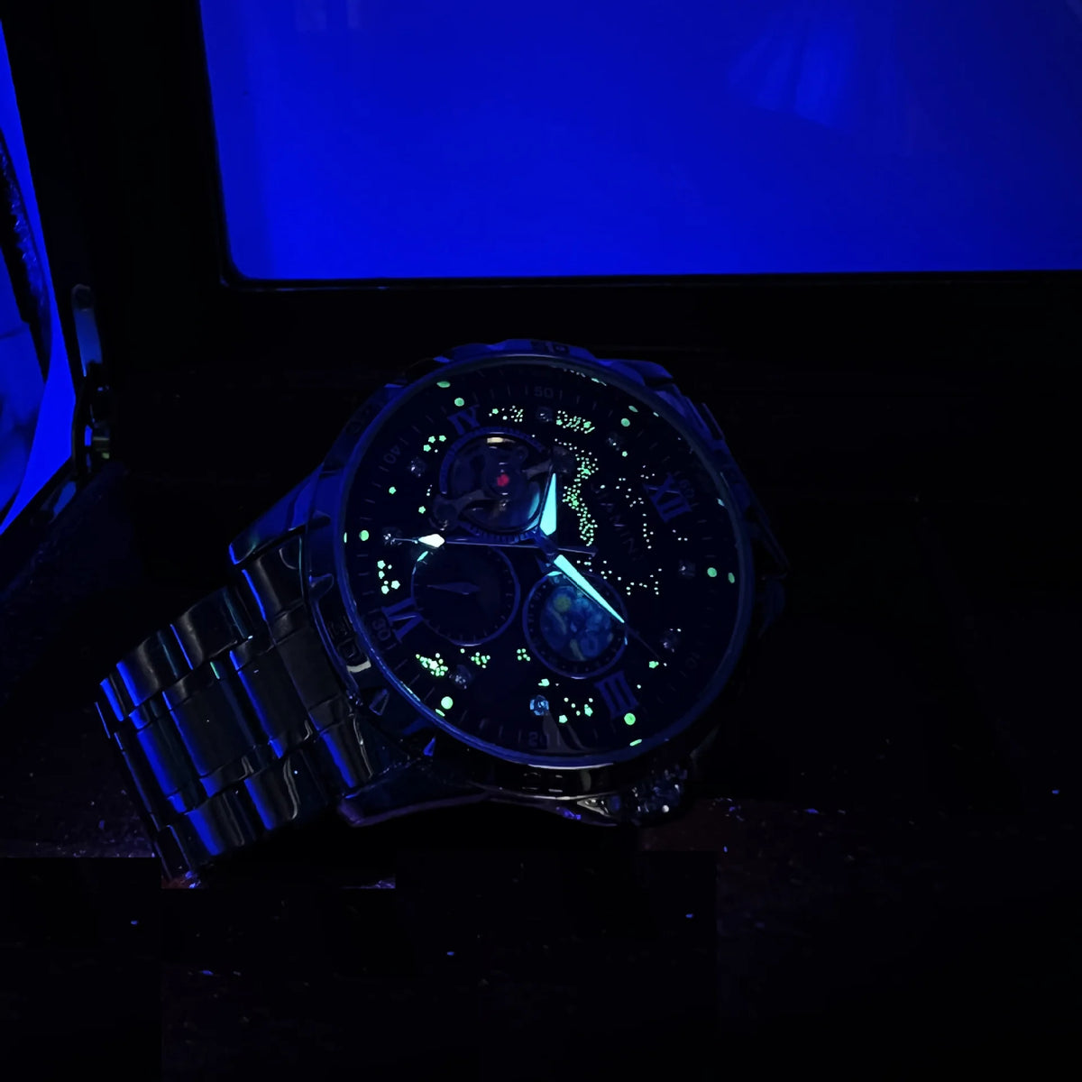 Tourbillon Skeleton Mechanical Watches Starry Sky Moon Phase Dial Steel Leather Strap Luxury Brand Automatic Men Watch